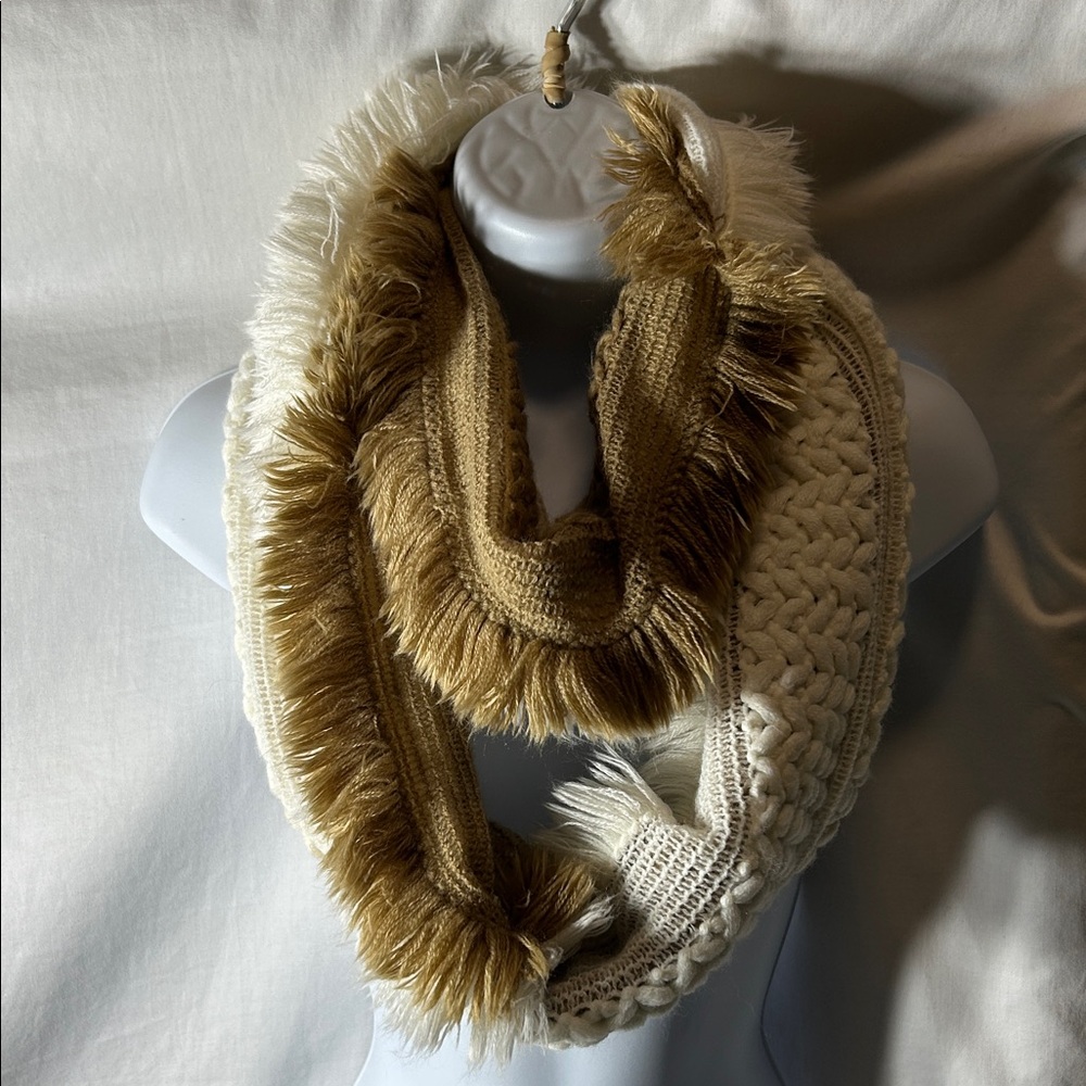 Cozy Cream and Camel Multi-Texture Knit Infinity Scarf, one size